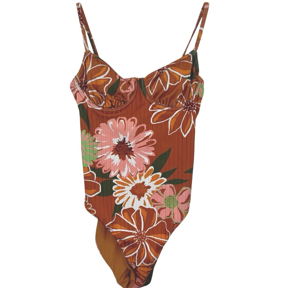 Roxy Floral One Piece Swimsuit Brown Pink Retro Surf Tie Back Womens XS